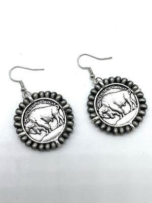 Beaded Buffalo Coin Earrings - Silver - 806 Accessories: