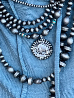 Beaded Buffalo Coin Necklace - Silver - necklace - 806