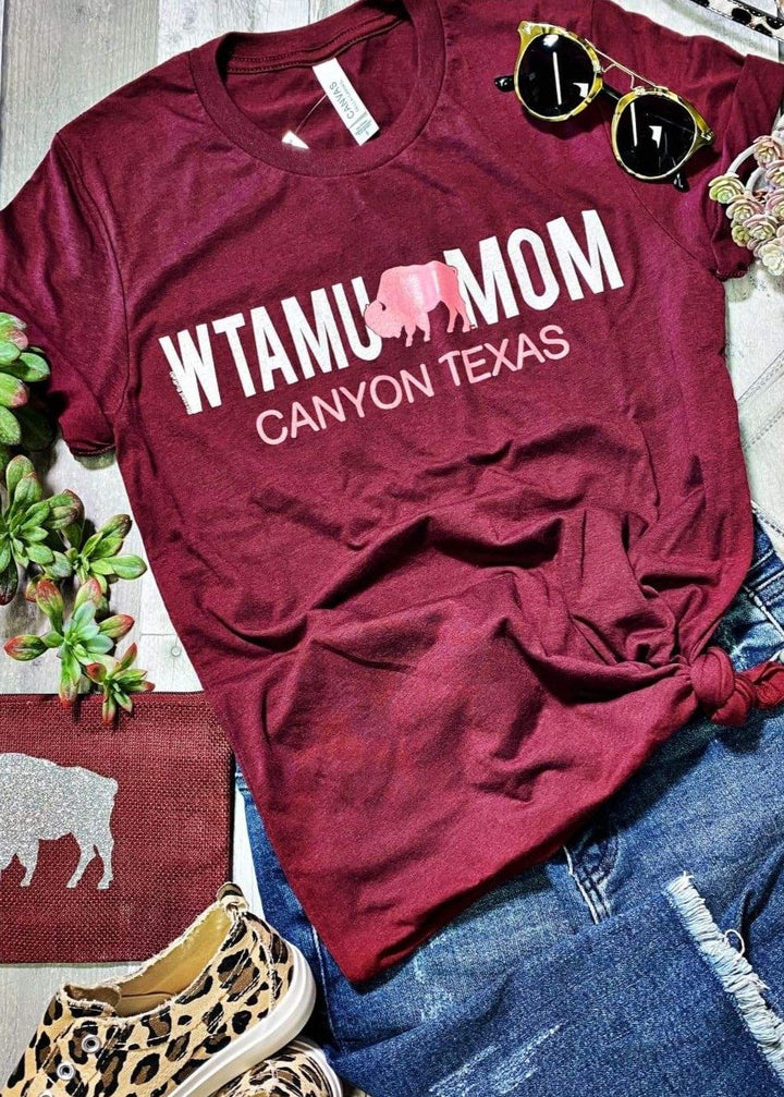 WTAMU mom Pink Buffalo  on Maroon Tee - Graphic